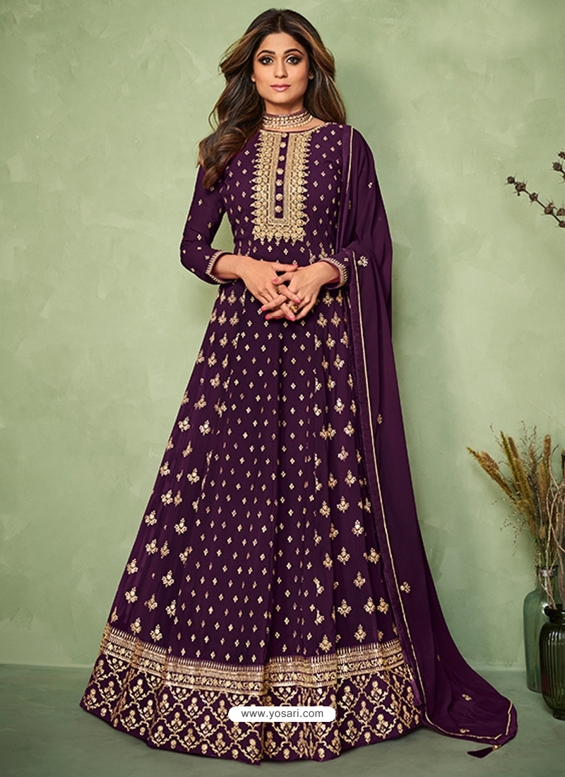 Purple Designer Wedding Wear Heavy Real Georgette Anarkali Suit