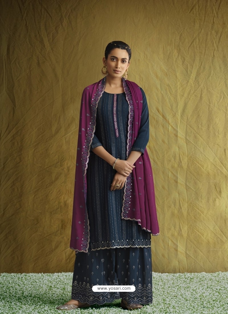 Teal Blue Designer Blooming Chinon Embroidered Salwar Suit