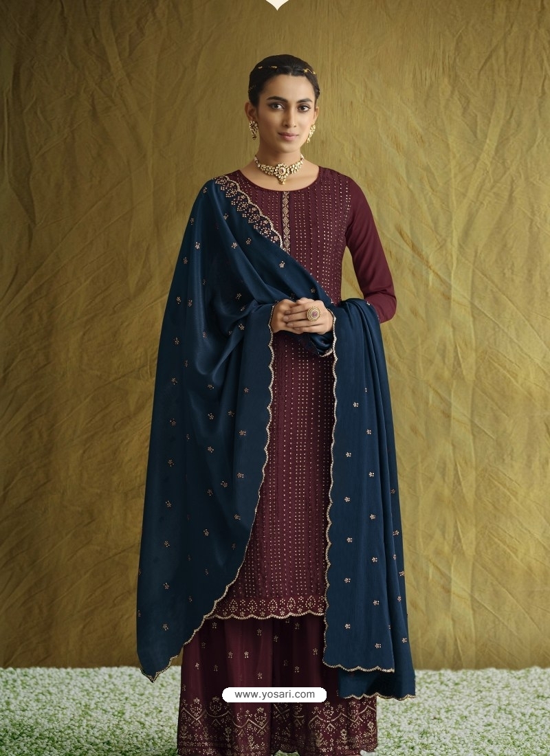 Deep Wine Designer Blooming Chinon Embroidered Salwar Suit