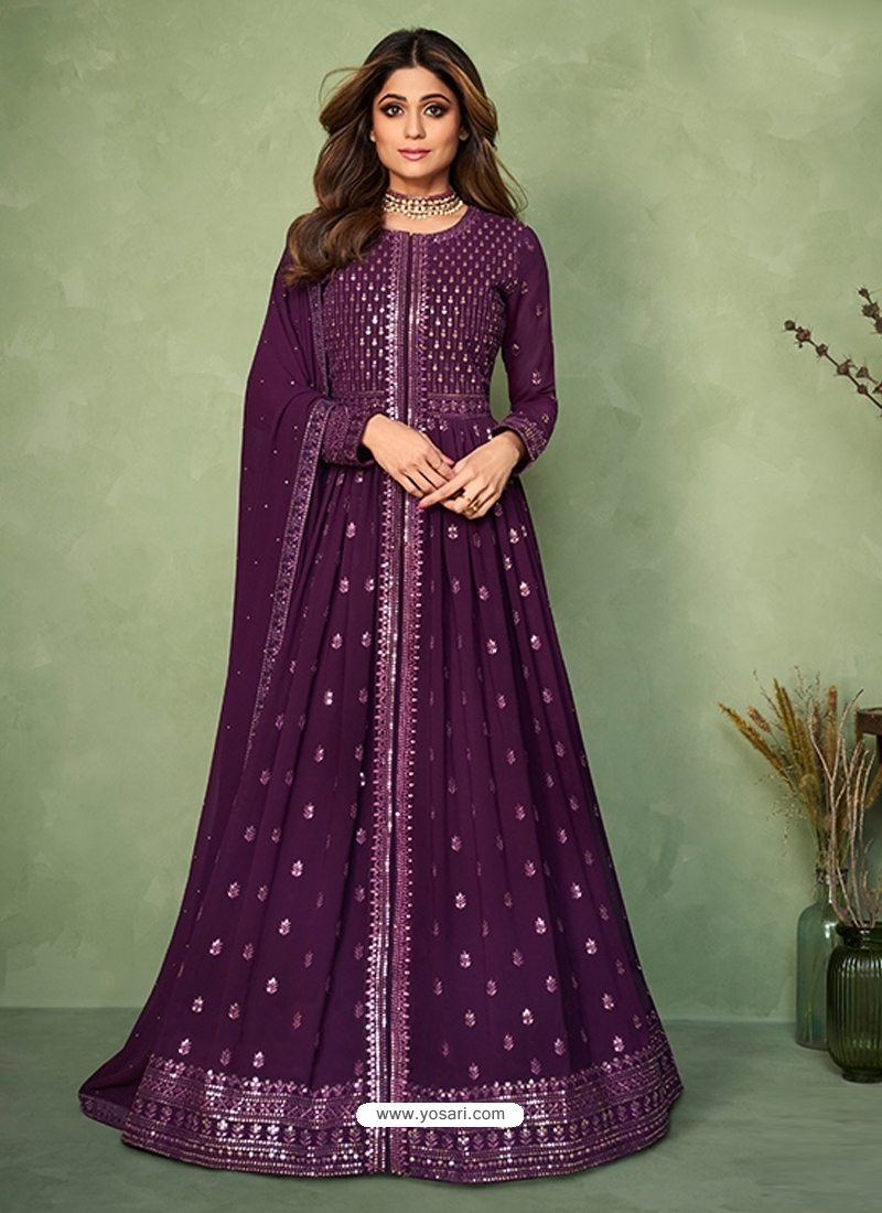 Purple Readymade Designer Wedding Wear Real Georgette Anarkali Suit