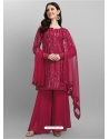 Rose Red Designer Faux Georgette Embroidered Sharara Salwar Suit