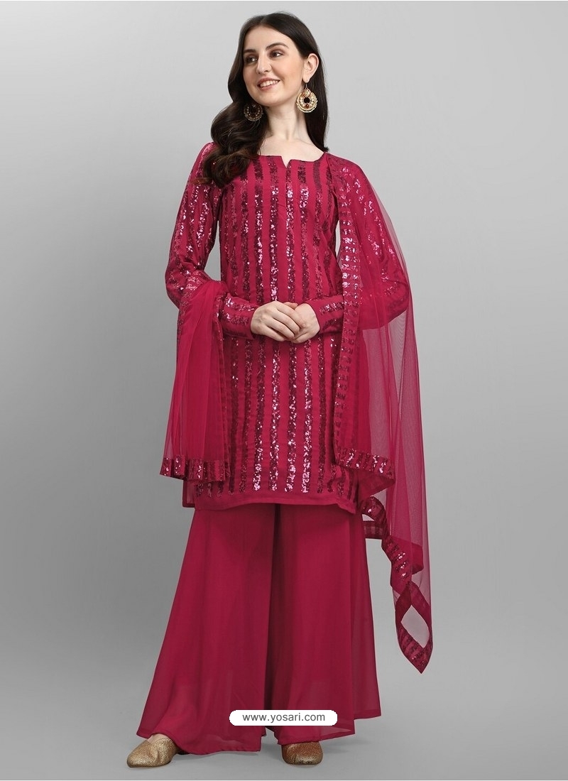Rose Red Designer Faux Georgette Embroidered Sharara Salwar Suit