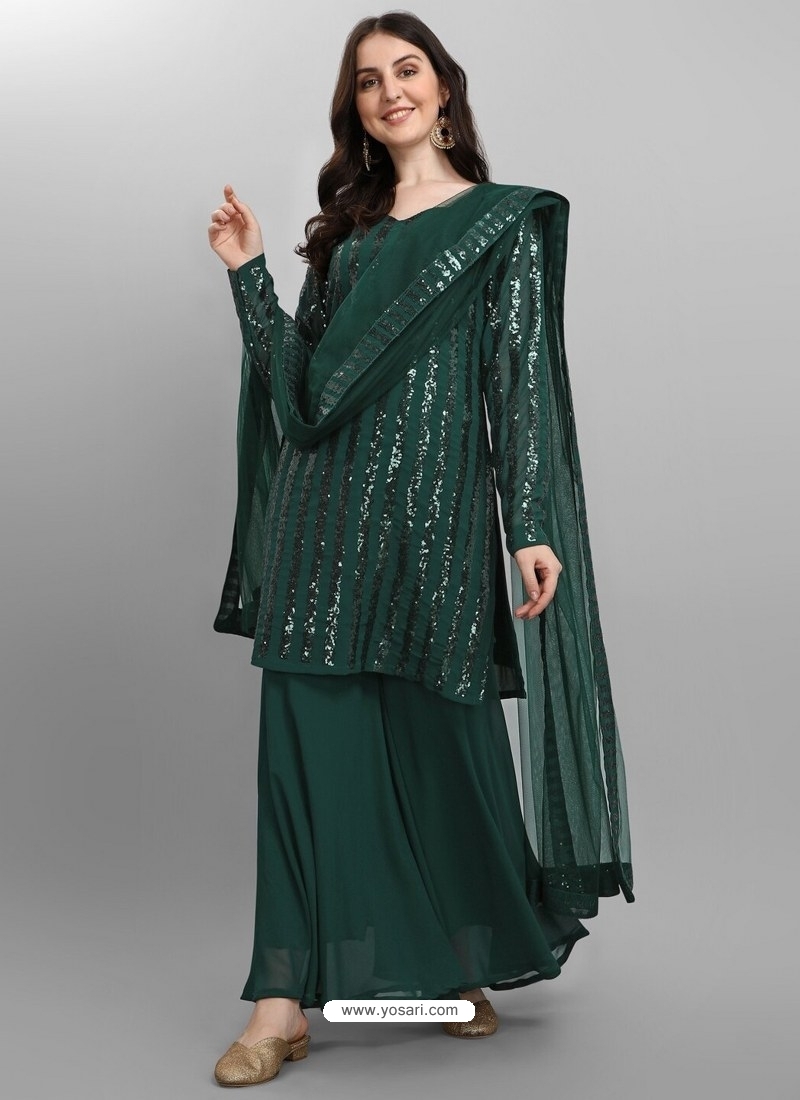 Dark Green Designer Faux Georgette Embroidered Sharara Salwar Suit