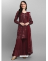 Maroon Designer Faux Georgette Embroidered Sharara Salwar Suit