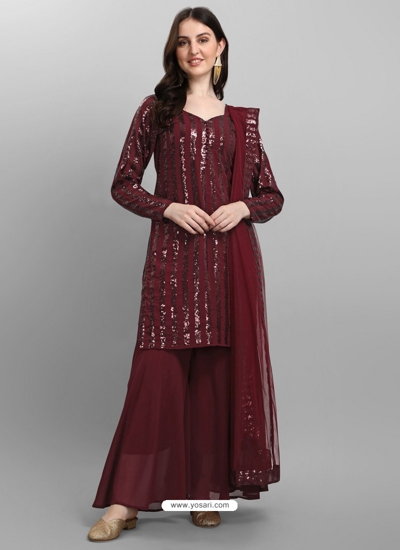 Maroon Designer Faux Georgette Embroidered Sharara Salwar Suit