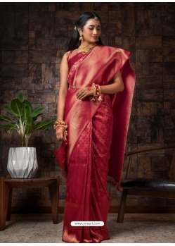 Rose Red Designer Wedding Wear Raw Silk Sari