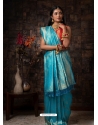Turquoise Designer Wedding Wear Raw Silk Sari