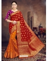 Tomato Red Designer Wedding Wear Raw Silk Sari
