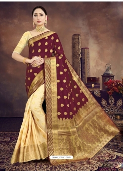 Maroon Designer Wedding Wear Raw Silk Sari