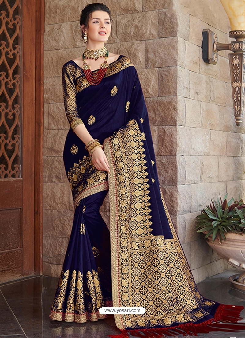 Night Blue Bridal Saree In Pure imported Satin Fabric With Zardozi Han –  Vidhaata's Selection