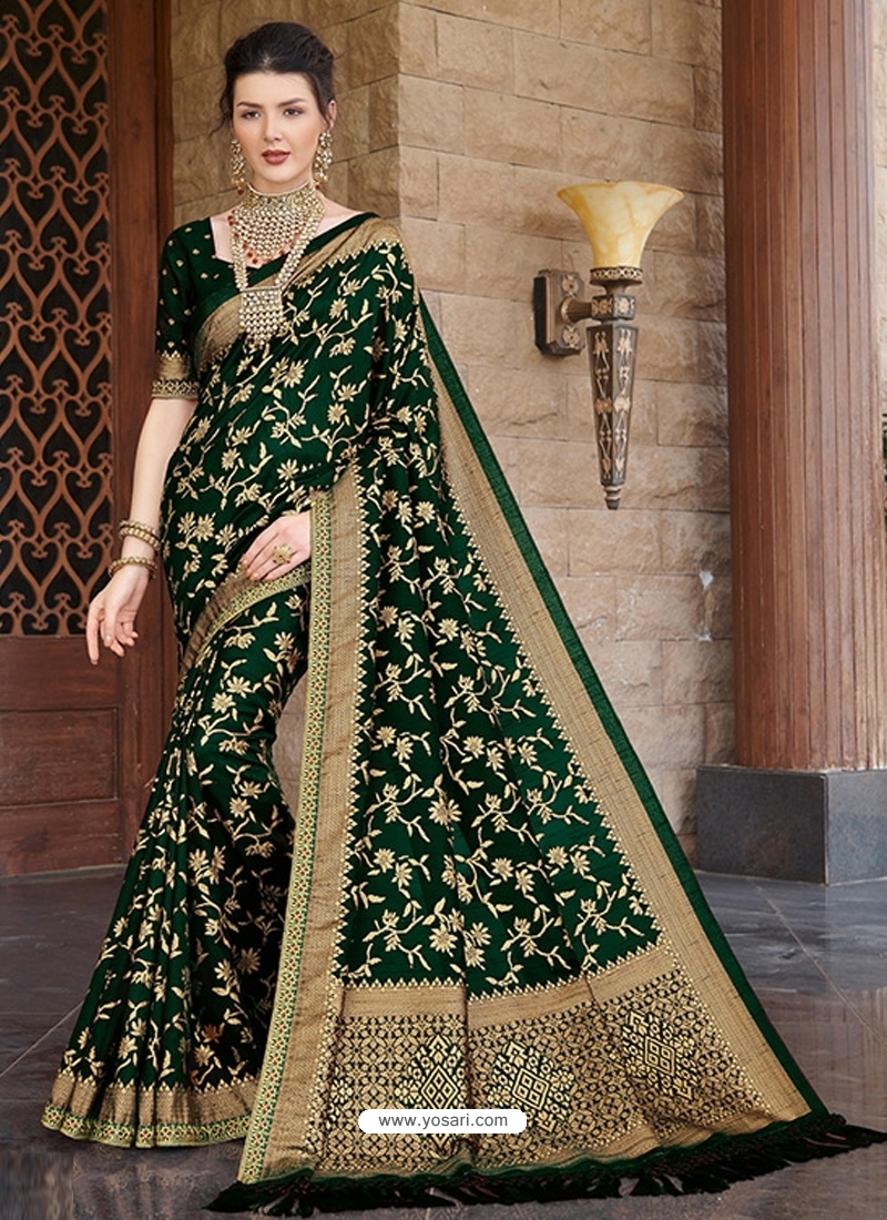 Dark Green Designer Bridal Wear Silk Sari