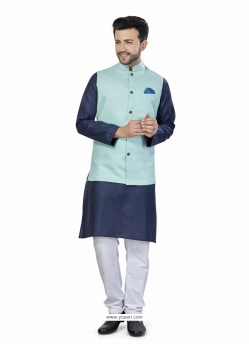 Navy Blue Exclusive Readymade Linen Blend Kurta Pajama With Jacket