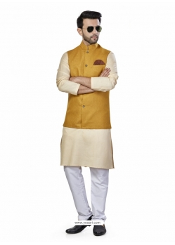 Cream Exclusive Readymade Linen Blend Kurta Pajama With Jacket