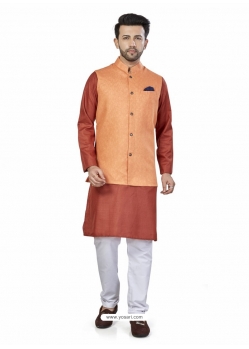 Rust Exclusive Readymade Linen Blend Kurta Pajama With Jacket