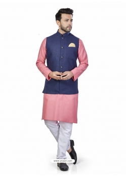 Pink Exclusive Readymade Linen Blend Kurta Pajama With Jacket