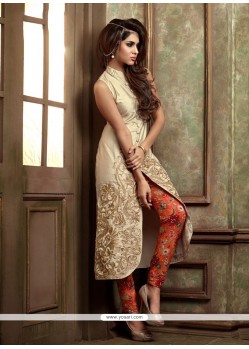 Astounding Beige Zari Work Silk Designer Salwar Kameez