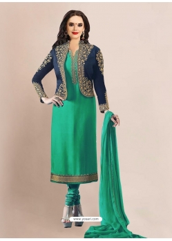 Aqua Mint Designer Georgette Embroidered Churidar Salwar Suit