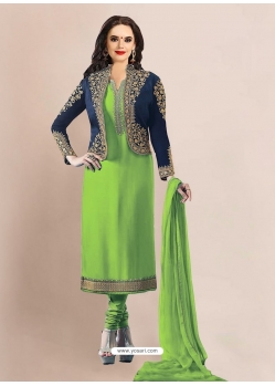Parrot Green Designer Georgette Embroidered Churidar Salwar Suit