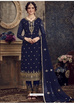 Navy Blue Designer Georgette Embroidered Straight Salwar Suit