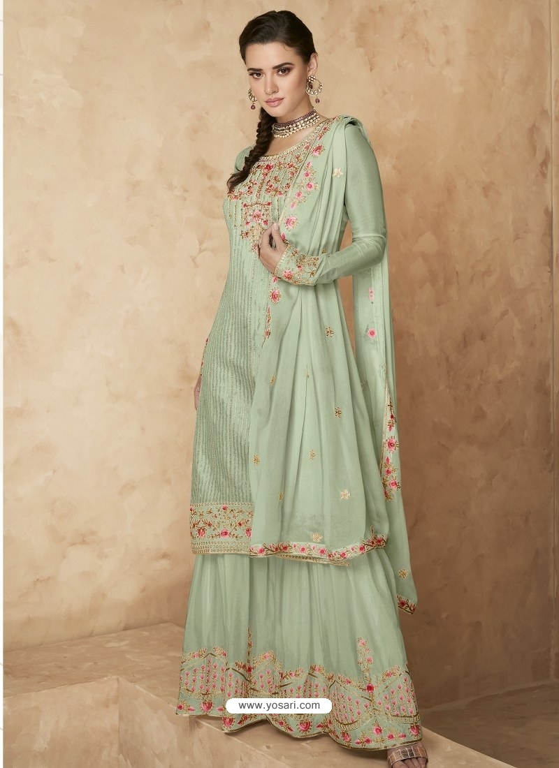 Sea Green Designer Heavy Faux Georgette Embroidered Palazzo Salwar Suit