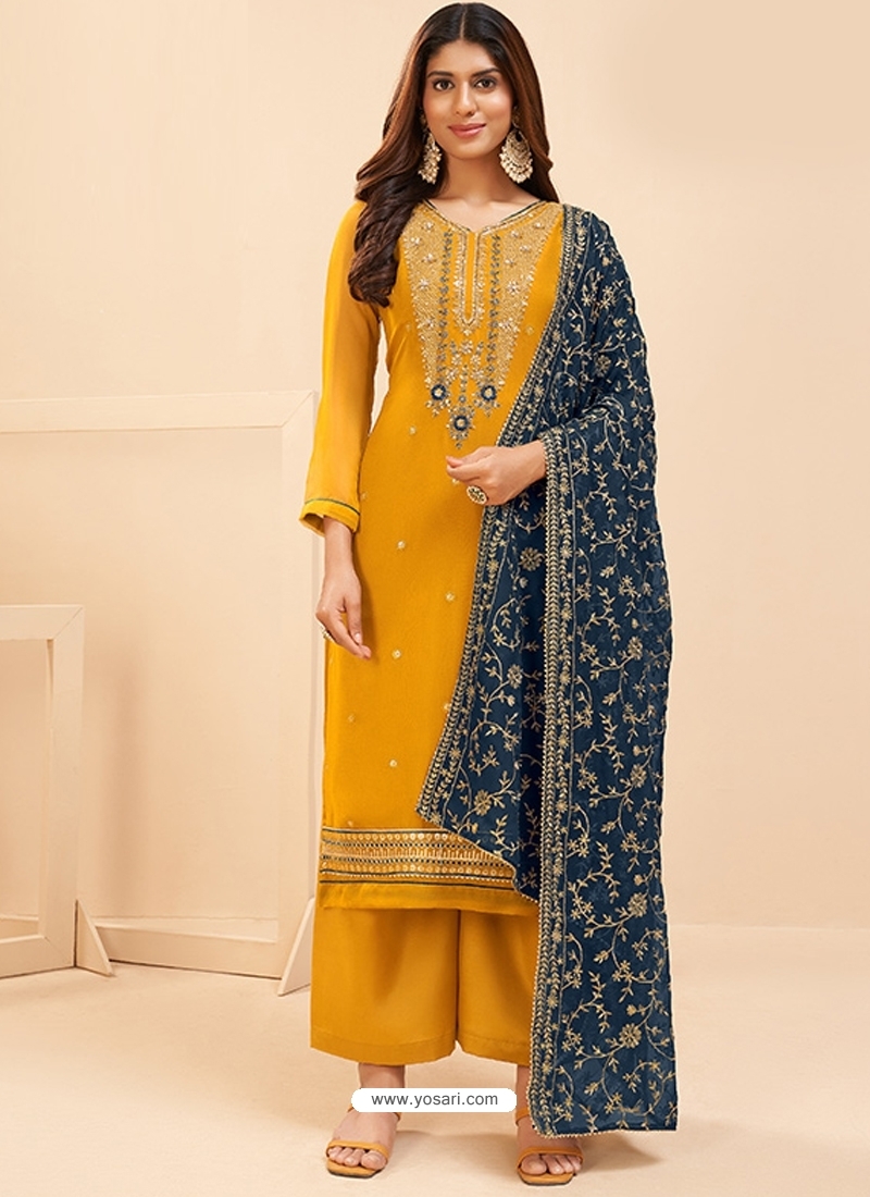 Yellow Designer Heavy Pure Georgette Embroidered Palazzo Salwar Suit