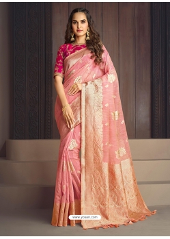 Peach Designer Wedding Wear Fancy Fabric Sari