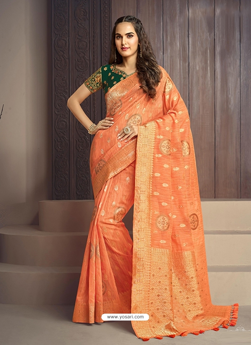 Orange Designer Wedding Wear Fancy Fabric Sari