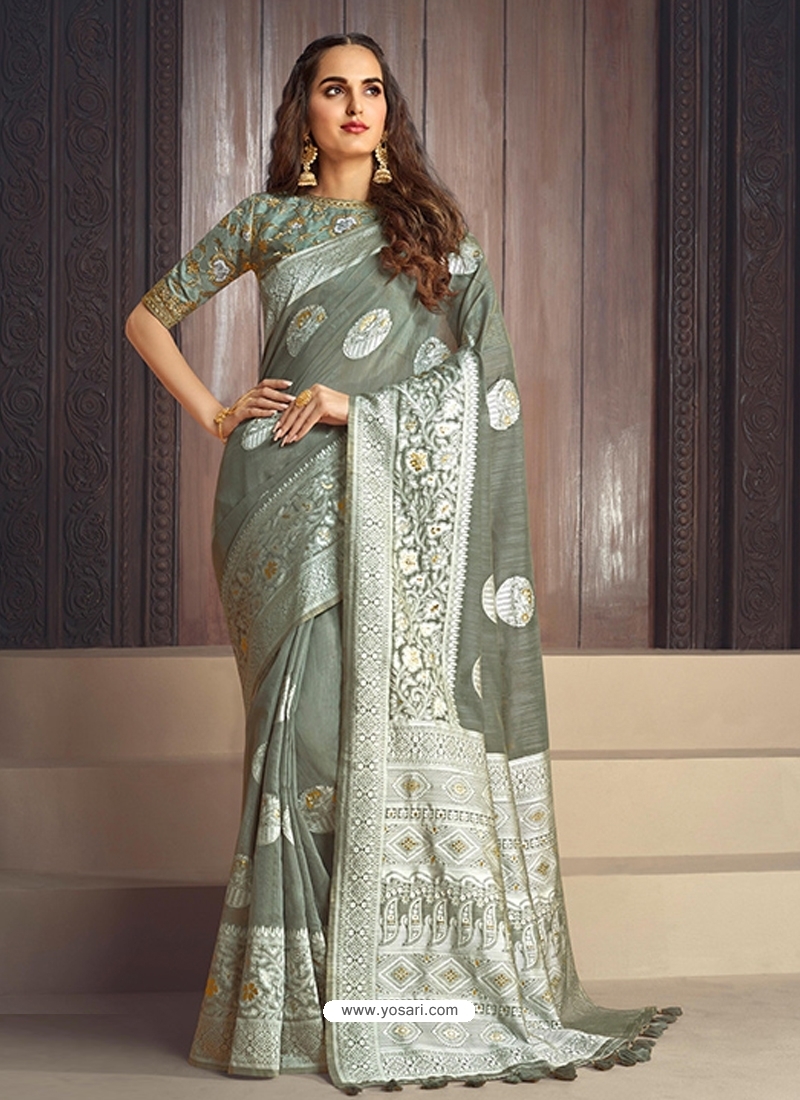 Grayish Green Designer Wedding Wear Fancy Fabric Sari