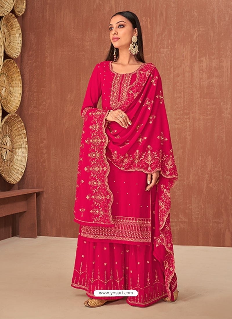 Rose Red Designer Georgette Embroidered Palazzo Salwar Suit