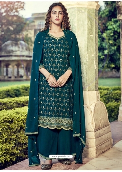 Teal Blue Designer Heavy Pure Georgette Embroidered Palazzo Salwar Suit
