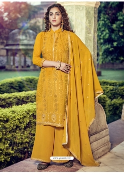 Mustard Designer Heavy Pure Georgette Embroidered Palazzo Salwar Suit