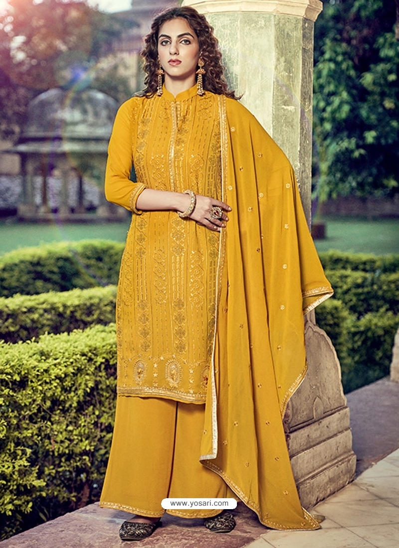 Mustard Designer Heavy Pure Georgette Embroidered Palazzo Salwar Suit
