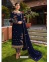 Dark Blue Designer Faux Georgette Embroidered Straight Salwar Suit
