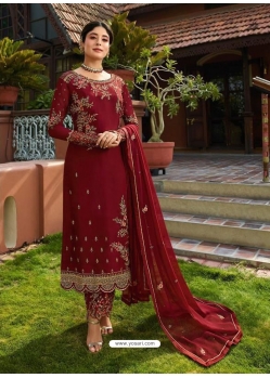 Maroon Designer Faux Georgette Embroidered Straight Salwar Suit