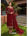 Maroon Designer Faux Georgette Embroidered Straight Salwar Suit