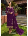 Purple Designer Faux Georgette Embroidered Straight Salwar Suit