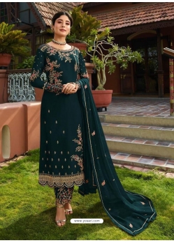 Teal Blue Designer Faux Georgette Embroidered Straight Salwar Suit