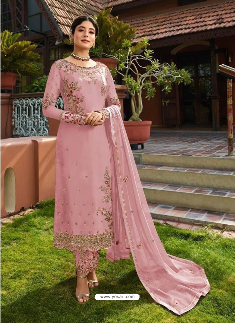 Aristocratic Festival Wear Pink Color Art Silk Fabric Salwar Suit With  Embroidered Work