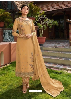 Cream Designer Faux Georgette Embroidered Straight Salwar Suit