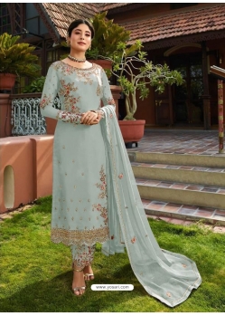 Aqua Grey Designer Faux Georgette Embroidered Straight Salwar Suit