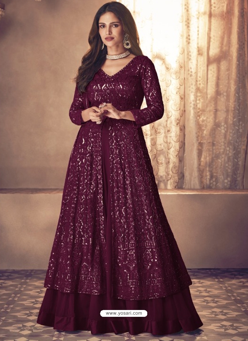 Buy Purple Anarkali Suit With A Floral Printed Dupatta And Heavy Stone Work  On Collar And Waist Belt KALKI Fashion India