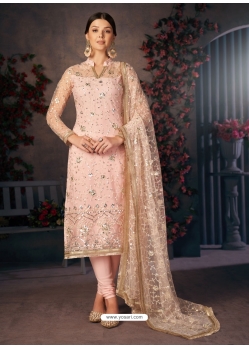 Baby Pink Designer Mono Net Embroidered Straight Salwar Suit