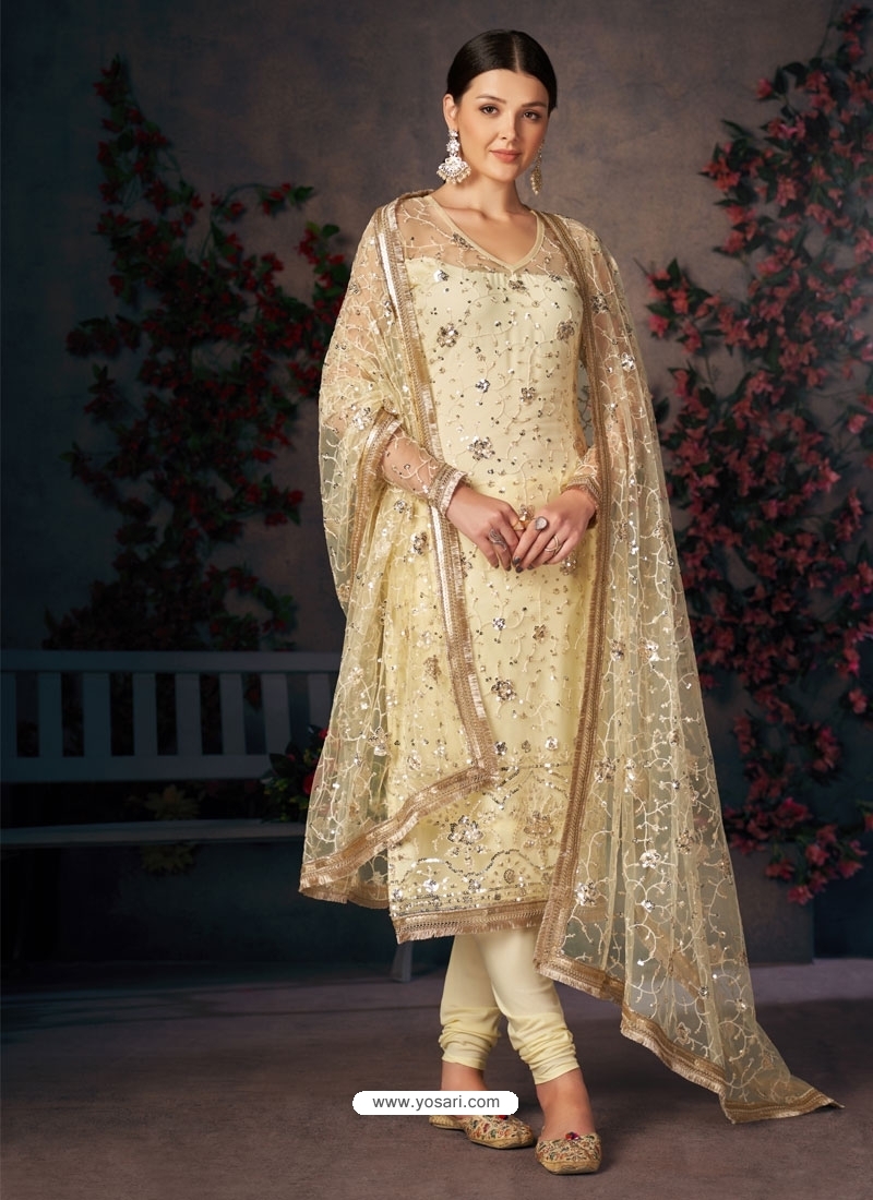 Cream Designer Mono Net Embroidered Straight Salwar Suit