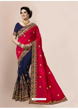 Rose Red Designer Wedding Wear Embroidered Sari