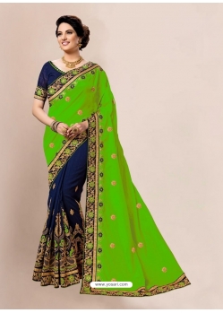 Parrot Green Designer Wedding Wear Embroidered Sari