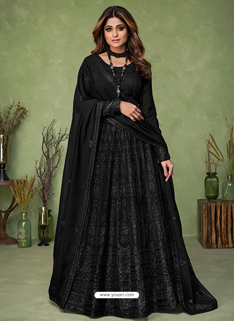 Black Readymade Designer Party Wear Real Georgette Anarkali Suit
