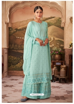 Sky Blue Readymade Designer Airtex Faux Georgette Embroidered Palazzo Salwar Suit