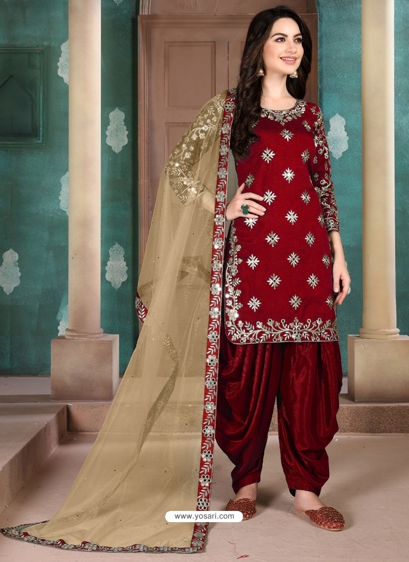 Buy Maroon Designer Party Wear Art Silk Punjabi Patiala Suit ...