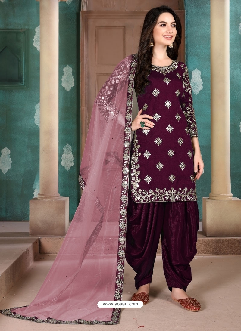 Purple Designer Party Wear Art Silk Punjabi Patiala Suit