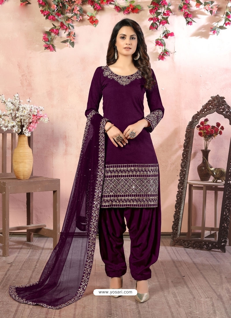 Purple Designer Party Wear Art Silk Punjabi Patiala Suit